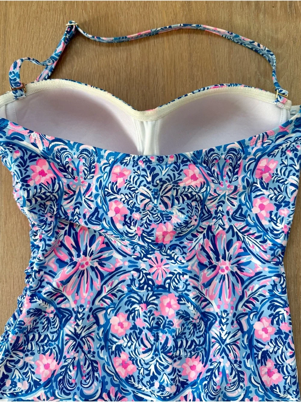 LILLY PULITZER Falmenco Bandeau Ruched One-Piece Swimsuit - Blue & Pink - Picture 4 of 10